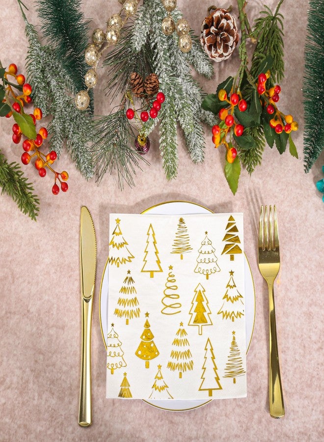 AimFun 100 Pcs Gold Xmas Trees Paper Napkins Christmas Tree Disposable Party Napkin Winter New Year Foil Beverage Hand Towels for Holiday Merry Christmas Party Supplies - Image 5